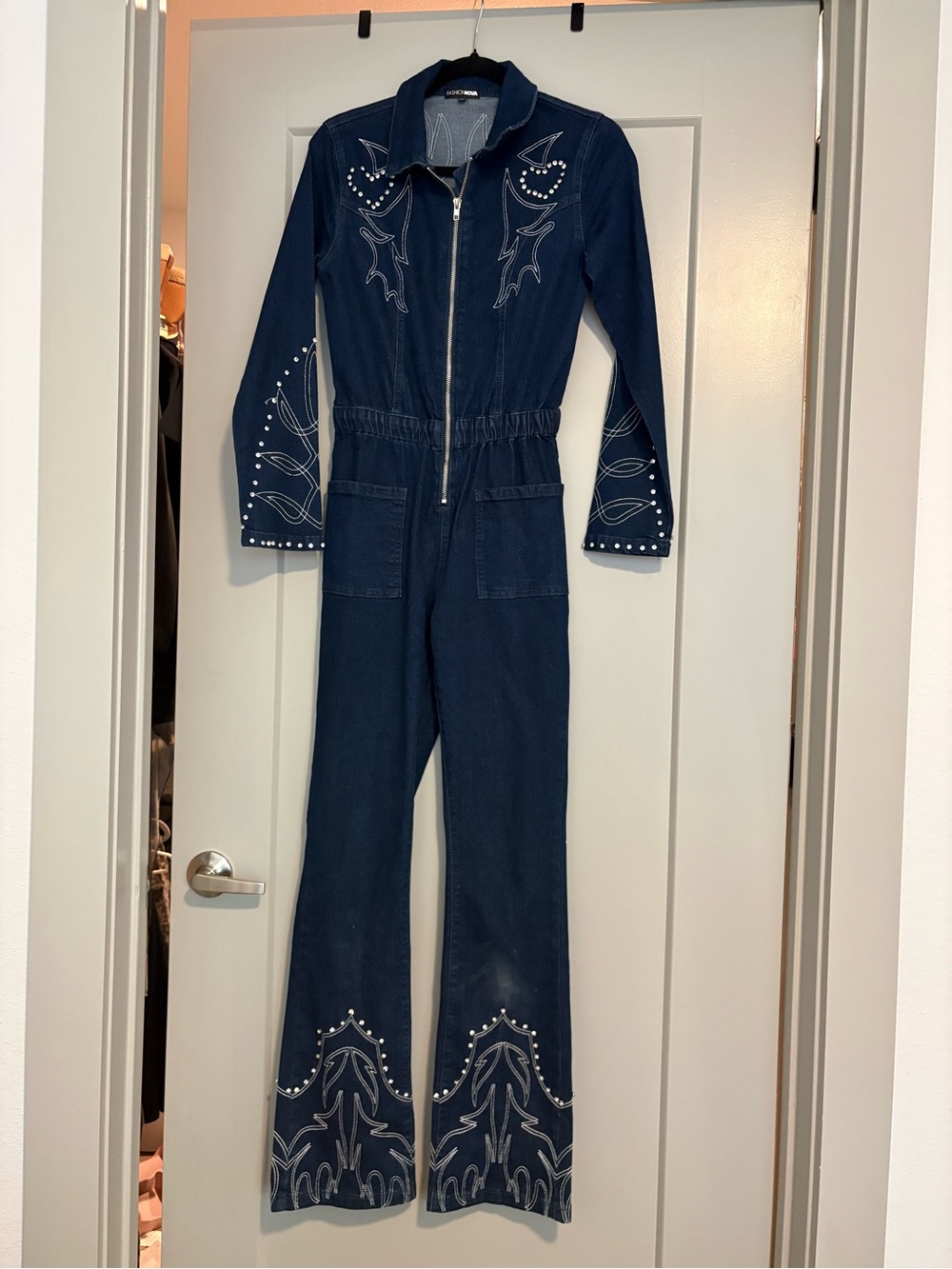 Fashion-Nova Denim Embroidered Zip-Front Jumpsuit - Navy